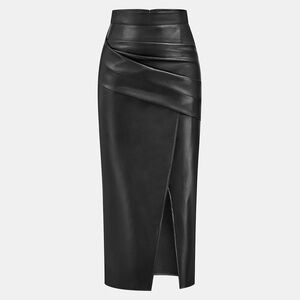 Ruched Slit PU Leather Midi Skirt Commense Black size Large
